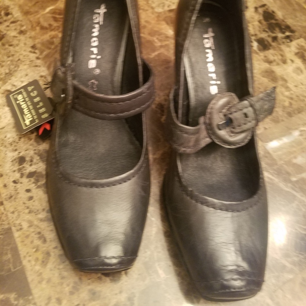100% Real Leather Tamaris Mid Heel Mary Jane Shoes